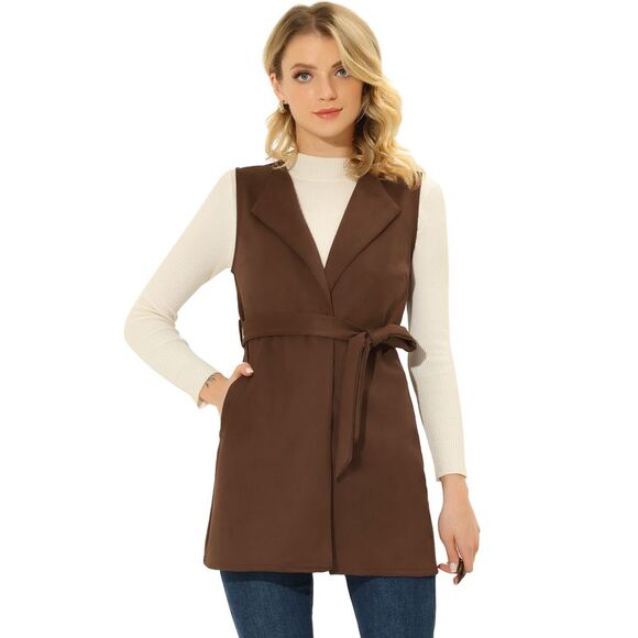 Faux Suede Vest Cardigan Belted Long Jacket Sleeveless Blazer Brown - Picture 1 of 5